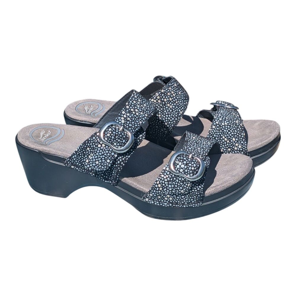 Dansko Sophie Black Metallic Dot Leather Slide Sandals Women’s Size 8.5 Comfort